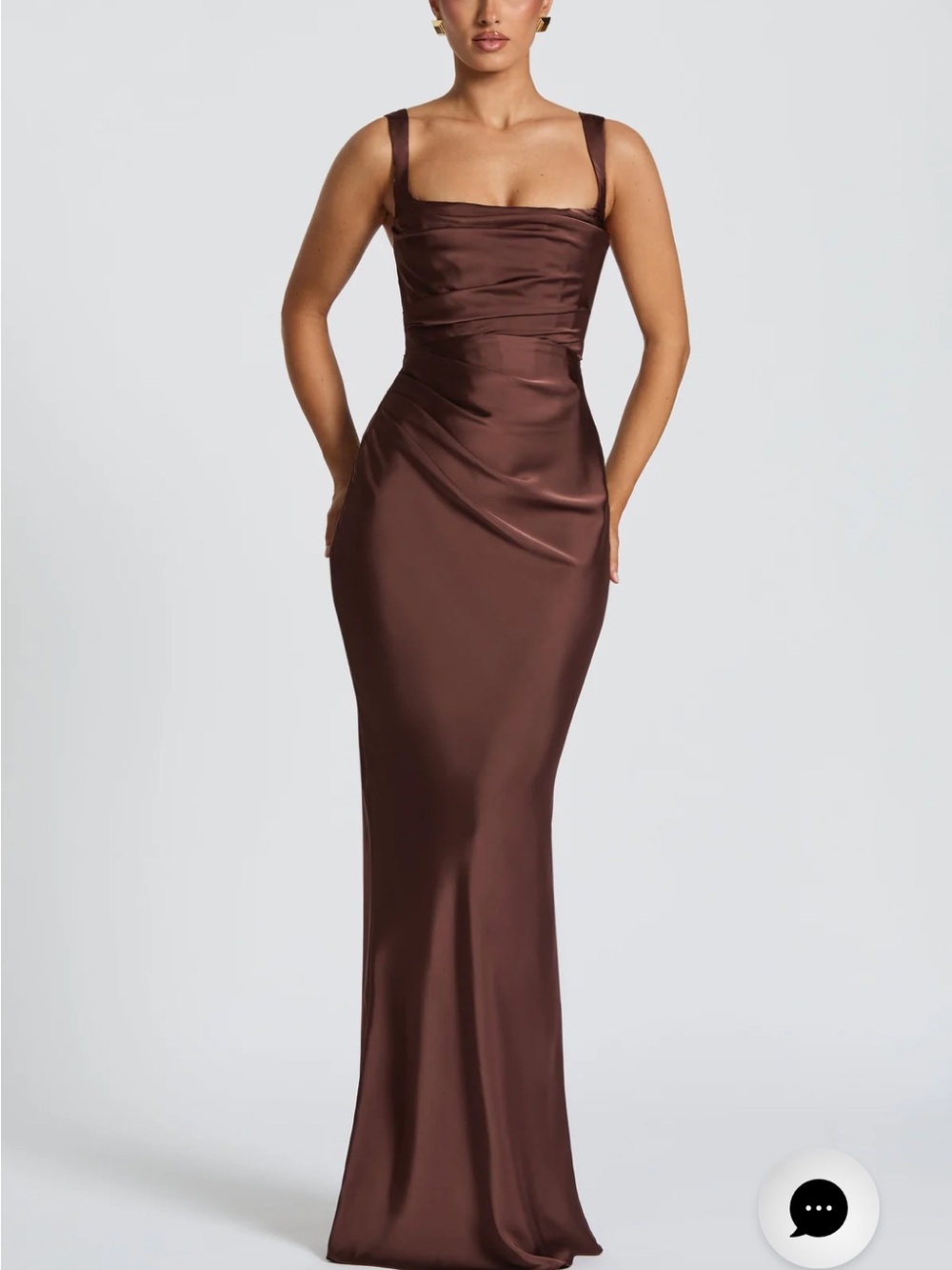 Satin Square-Neck Maxi Dress in Chocolate Brown